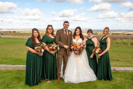 British flower natural bridal and bridesmaids bouquets groom in tweed suit for an outdoor wedding ceremony Autumn for Wiltshire Wedding Chalk Barn Dan Watkins My Flower Patch