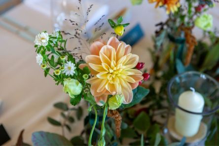 British flowers Dahlia in wedding tablescape with candles Chalk Barn Dan Watkins My Flower Patch 