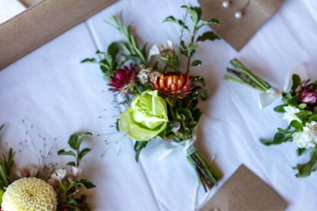 British flowers strawflower and lisianthus  in wedding buttonholes Chalk Barn Dan Watkins My Flower Patch 