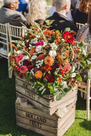 Vintage crate filled with British grown Autumn flowers for a Wiltshire Wedding Chalk Barn Dan Watkins My Flower Patch